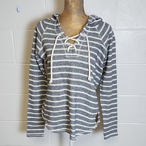 Navy & Cream Striped Nautical Rope Lacing Tie Soft French Terry Hoodie Shirt